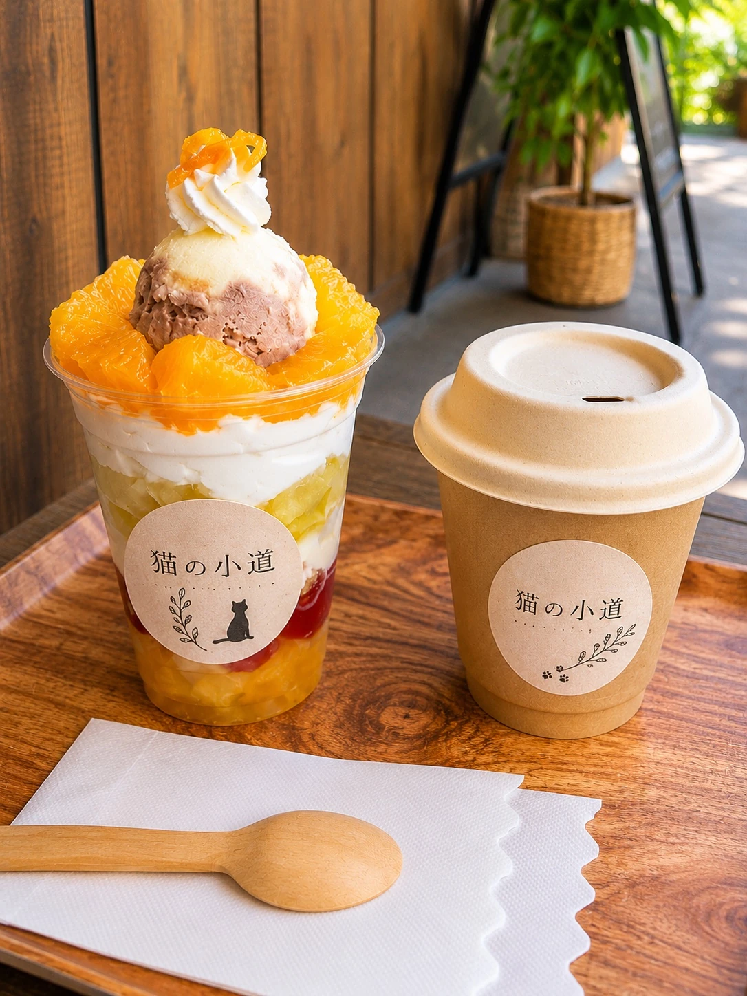 柑橘のカップパフェとテイクアウトコーヒー